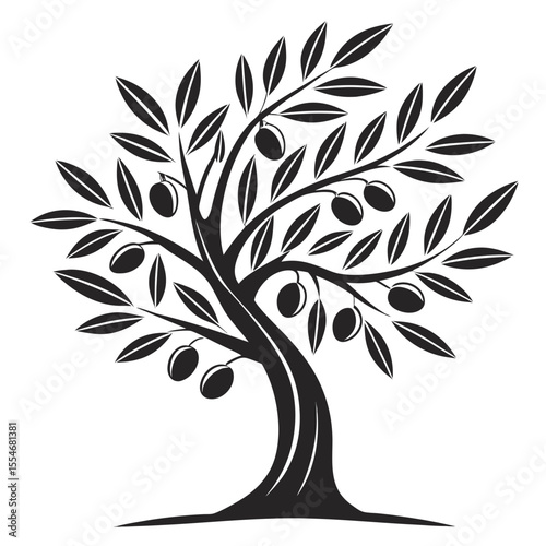 Elegant black and white vector illustration of an olive tree with ripe olives
