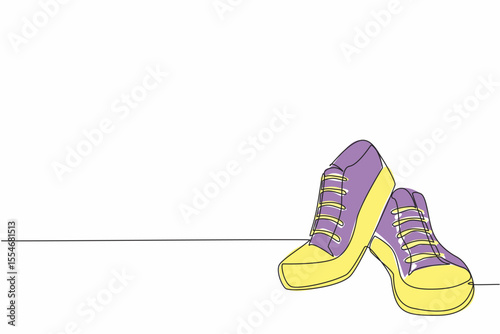 Continuous one line drawing a pair of stacked sneakers. Placement on store displays. Modern casual shoes. Fashion. National Two Different Colored Shoes Day. Single line draw design vector illustration