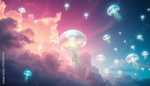 Pastel clouds drift beneath enormous bioluminescent jellyfish in a whimsical fantasy sky, fantasy,  magical