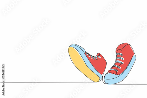 Continuous one line drawing a pair of sneakers like walking. Very comfortable to use for walking or even running. National Two Different Colored Shoes Day. Single line draw design vector illustration