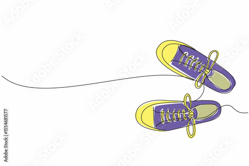 Single one line drawing a pair of sneakers from above. Trendy canvas shoes. Urban shoes. Modern lifestyle. Casual. National Two Different Colored Shoes Day. Continuous line design graphic illustration