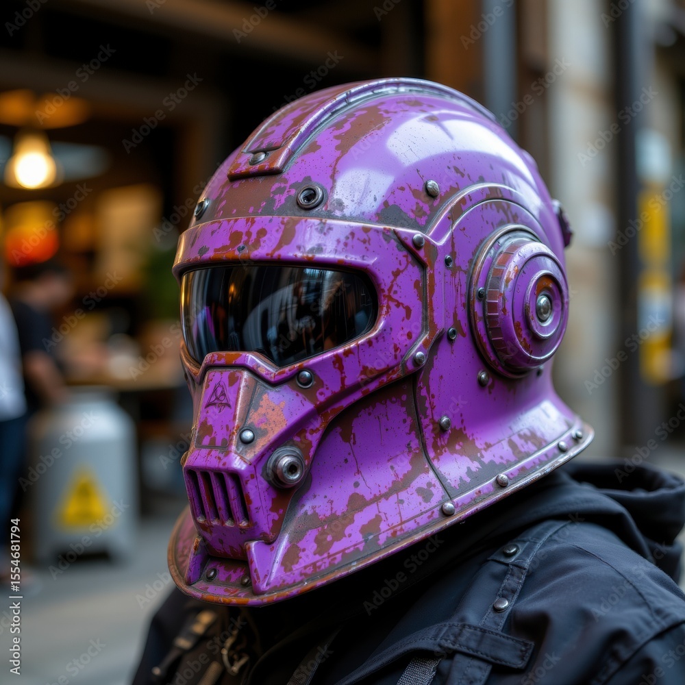 Fototapeta premium Distressed Purple Motorcycle Helmet with Face Shield in Urban Setting