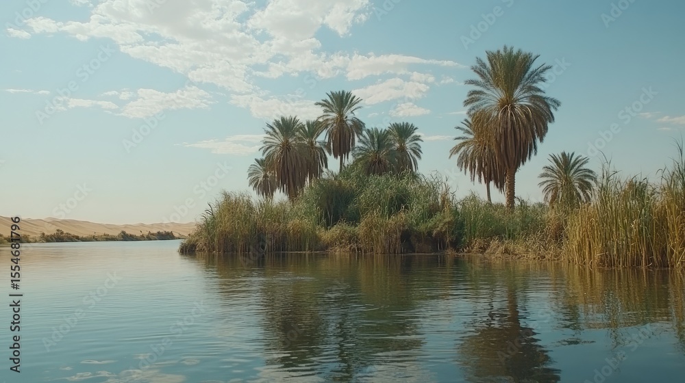 Obraz premium Tranquil river scene with palm trees and desert shoreline.