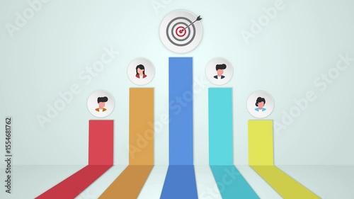 Business infographic with a bar chart representing market segmentation and customer avatars, with the main target audience hitting a successful goal, symbolized by an arrow in the bullseye.