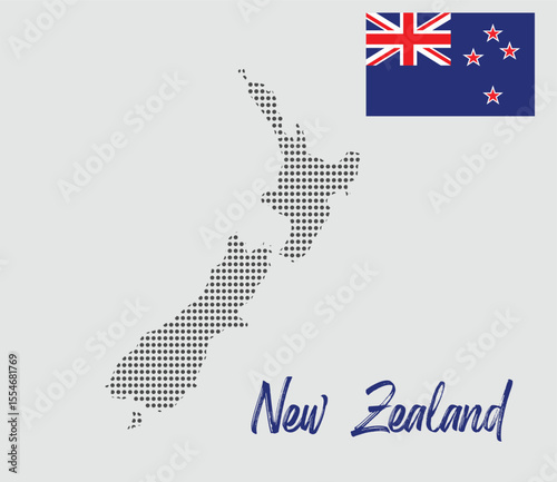 Dotted Halftone Vector Map of New Zealand with Flag and Country Name