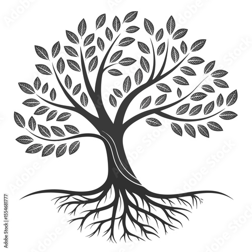 Stylized illustration of a tree with leaves and roots representing nature and growth