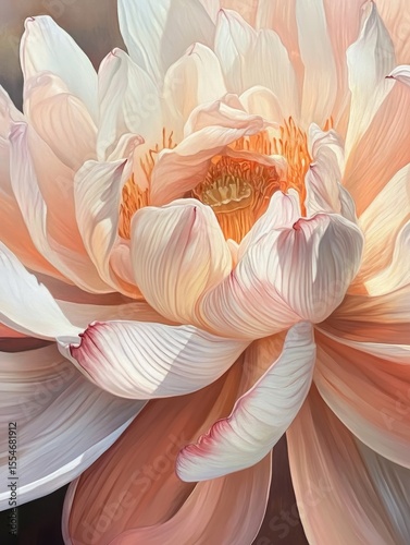 Close-up of a dahlia flower with peach and white petals.