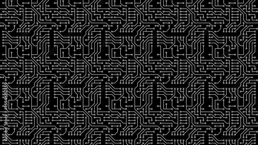 Fototapeta premium Detailed view of a black background with a white circuit board pattern in a repeating arrangement