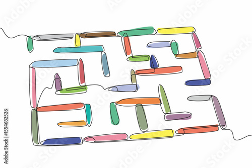 Single continuous line drawing labyrinth made of colored crayons. The game finds a way out with a symmetrical shape. Train the brain to think. World Labyrinth Day. One line design vector illustration
