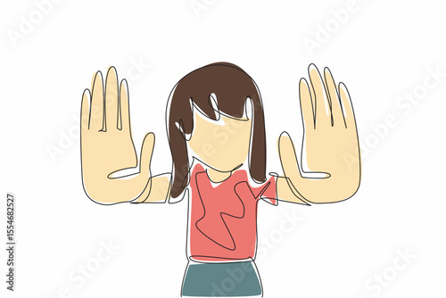 Single one line drawing the girl raised both her hands and pointed them forward. No more verbal abuse. More friends and sweet memories. Anti Bullying Day. Continuous line design graphic illustration