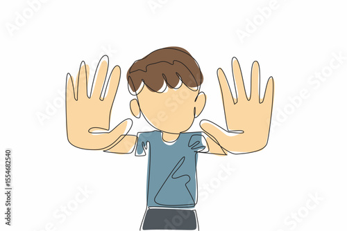 Single continuous line drawing the boy raised both his hands and pointed them forward. No more bullying in schools. Create peace. Be friends. Anti Bullying Day. One line design vector illustration