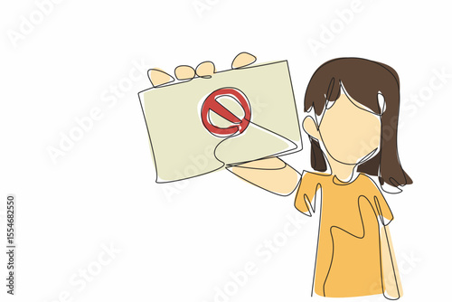 Continuous one line drawing girl raises hand holding paper with forbidden sign. Anti bullying campaign in schools. Make more friends. Anti Bullying Day. Single line draw design vector illustration