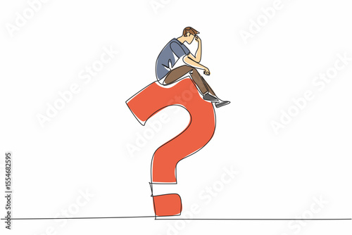 Continuous one line drawing young man sitting on a big question mark while contemplating. Miscalculation. Regret the choice deeply. National Day of Reason. Single line draw design vector illustration