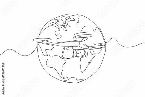 Single continuous line drawing drone with globe background. Flying to guard the borders between countries. Assistance for the military. International Drone Day. One line design vector illustration