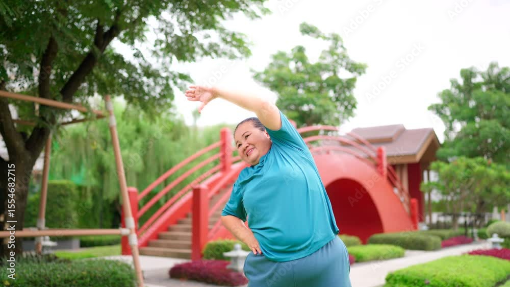 Active senior Asian woman doing a side bend stretch for flexibility, warming up for exercise in a park Active senior Asian woman doing a side bend stretch for flexibility, warming up for exercise in a park