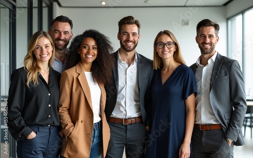 Business team portrait indoor. Diverse group of professionals standing together, smiling, looking at camera. Teamwork, success, modern workplace. Pro, happy employees. Corporate culture. Multi-ethnic