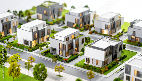 Architectural Model: A meticulously detailed architectural model showcases modern house designs within a planned community, highlighting sustainable building practices and minimalist aesthetics.