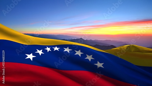 Venezuelan Flag Over Andes Mountains at Sunset