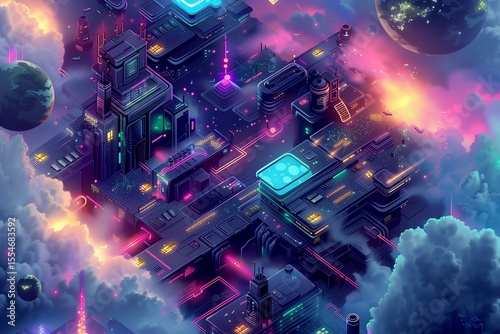 Crypto City in the Clouds: Futuristic Digital Metropolis Above the Atmosphere