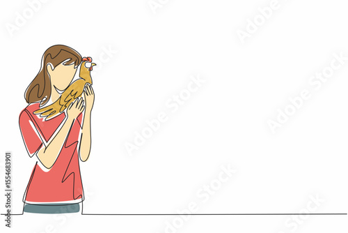 Single one line drawing a woman hugging a hen. It is the laying season. Waiting with affection. Poultry. Together. International Respect for Chickens Day. Continuous line design graphic illustration