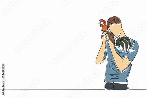 Continuous one line drawing a man hugging a rooster. Loving a rooster is like loving the own son. Full of happiness. International Respect for Chickens Day. Single line draw design vector illustration