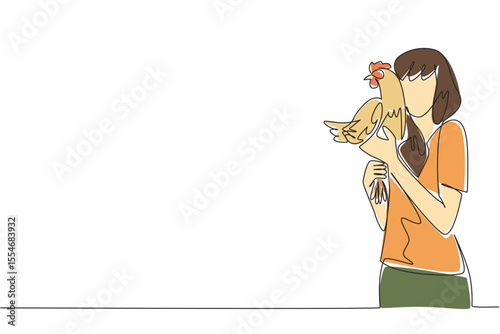 Single continuous line drawing a woman in casual clothes lifts a hen and puts it to her cheek. Laying a lot of eggs. Fowl. International Respect for Chickens Day. One line design vector illustration