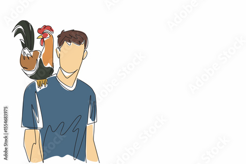 Single continuous line drawing rooster perched on shoulder of man in casual clothes. The proud chicken that always praised. International Respect for Chickens Day. One line design vector illustration