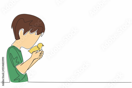 Single continuous line drawing boy kisses head of chick. First pet. Kept for breeding. Routinely given the best protein. International Respect for Chickens Day. One line design vector illustration