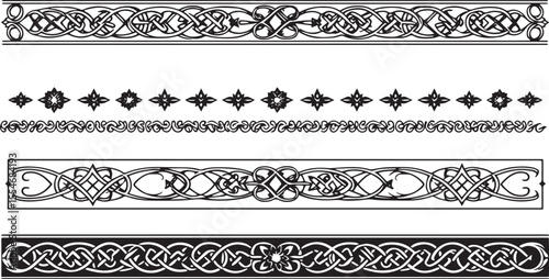 A set of decorative patterned borders, lines, and stripes. Hand drawn vector illustration	