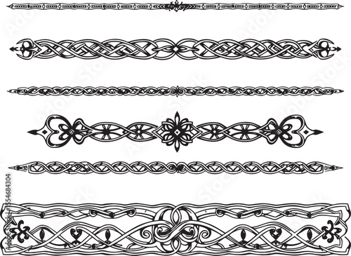 A set of decorative patterned borders, lines, and stripes. Hand drawn vector illustration	