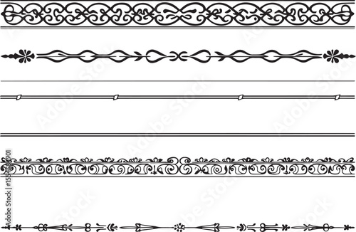 A set of decorative patterned borders, lines, and stripes. Hand drawn vector illustration	