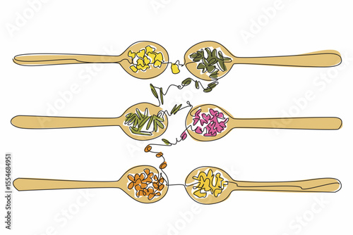 Single one line drawing 6 wooden spoons filled with various herbs. Already dried. Can feel the benefits directly. Healthy raw materials. National Herb Day. Continuous line design graphic illustration