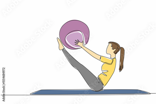 Single one line drawing woman posing with the help of fitness ball. Medicine ball. Helps muscles and spine. Training balance. Exercising. Pilates Day. Continuous line design graphic illustration