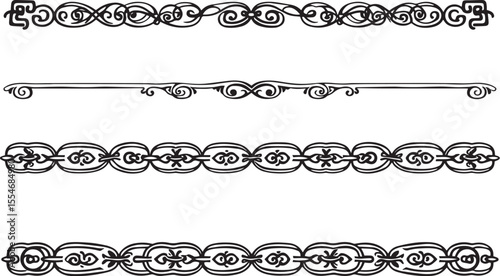 A set of decorative patterned borders, lines, and stripes. Hand drawn vector illustration	