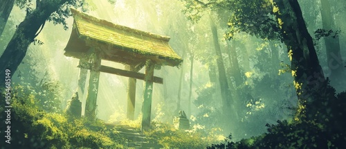A wooden gate structure stands in a lush green forest with sunlight.