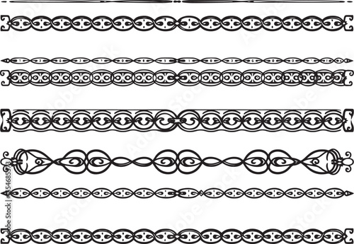 A set of decorative patterned borders, lines, and stripes. Hand drawn vector illustration	