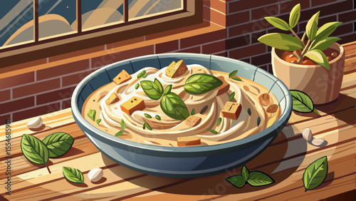 A bowl of creamy Alfredo pasta topped with grilled chicken sits steaming on a rustic wooden table. Fresh basil leaves, grated Parmesan, and cracked black pepper decorate the dish. Light from a nearby 
