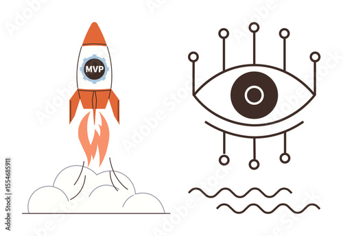 Rocket with MVP in liftoff alongside an abstract cybernetic eye connected by lines, signifying innovation and forward-thinking. Ideal for startups, technology, vision, creativity, growth, strategy
