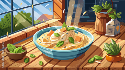 A bowl of creamy Alfredo pasta topped with grilled chicken sits steaming on a rustic wooden table. Fresh basil leaves, grated Parmesan, and cracked black pepper decorate the dish. Light from a nearby 