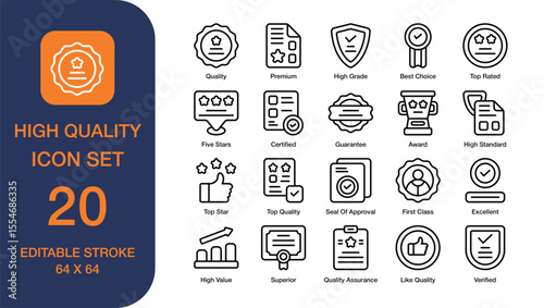 High Quality set of icon in line style. Transfer File user interface icon collection. Containing Best Choice, Top Quality, Guarantee, High Standard, High Grade, and more. Editable Stroke
