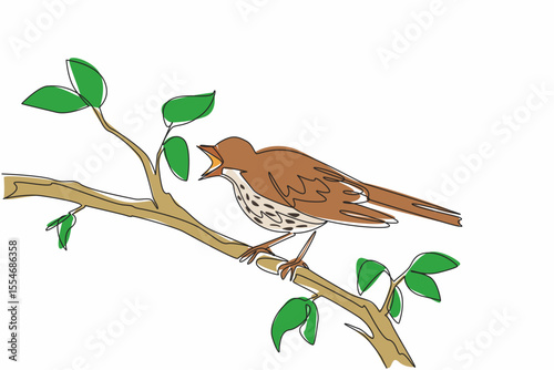Continuous one line drawing song thrush perched on a tree branch with leaves. The morning sun warms. The melodious chirping. International Dawn Chorus Day. Single line draw design vector illustration