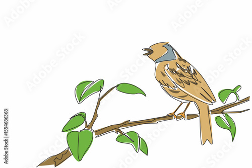 Continuous one line drawing dunnock bird perched on tree branch with leaves. Landed and chirped. The little one from Europe. International Dawn Chorus Day. Single line draw design vector illustration