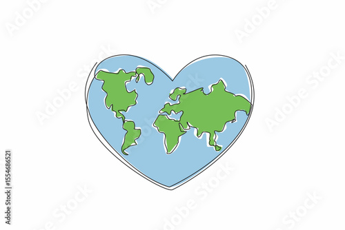 Single one line drawing heart in the middle there is a world map. Earth in the frame of love. Full of love and friendship. No conflict. World Give Day. Continuous line design graphic illustration