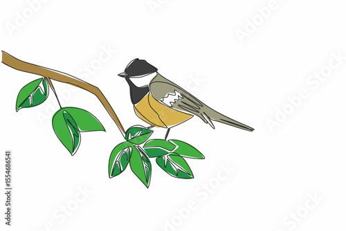 Continuous one line drawing coal tit perched on a tree branch with leaves. The very active little babbler. The songbird. International Dawn Chorus Day. Single line draw design vector illustration