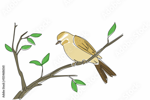 Single continuous line drawing willow warblers perched on tree branches. The inconspicuous chirp. Sweet chirps in garden. Songbird. International Dawn Chorus Day. One line design vector illustration