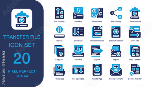 Transfer File set of icon in Duotone style. Transfer File user interface icon collection. Containing File Transfer, Send File, File Sharing, Move File, File Download, and more. High Quality