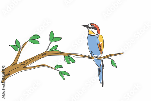 Single one line drawing European bee eater perched on a tree branch with flowers. The colorful melodious chirp. Songbird. International Dawn Chorus Day. Continuous line design graphic illustration