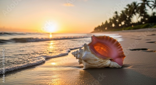 A conch shell resting on a sandy beach, bathed in the golden light of a glowing sunset. Gentle waves and palm trees in the distance complete this peaceful coastal scene - AI Generated Digital Art