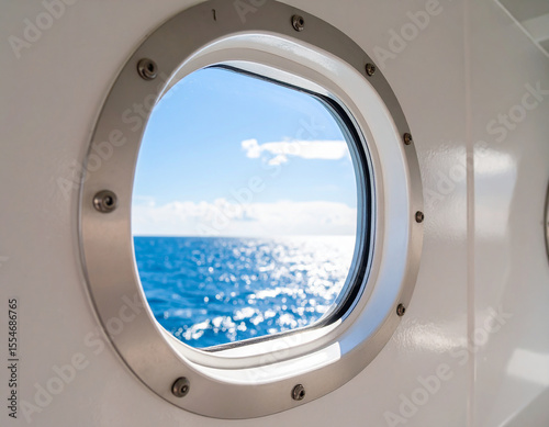 Round Porthole Window on Ship – Classic Circular Marine Window Showing Ocean or Sky View, Captured on Boat or Vessel with Nautical Theme, Ideal for Travel, Transportation, Maritime Interior Concept