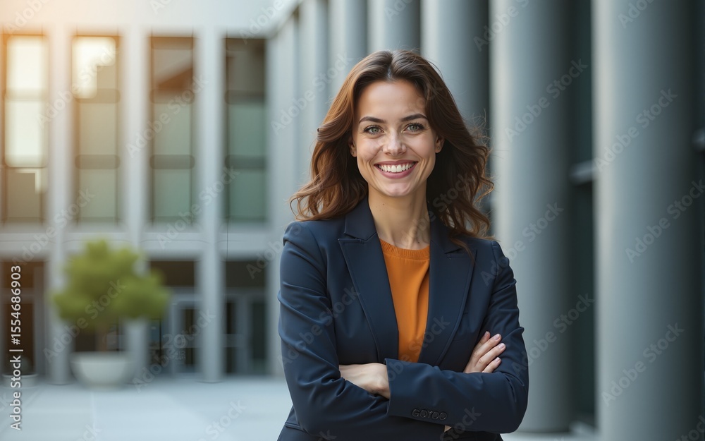 Cheerful successful business woman portrait at executive financial bank building, smiling with arms folded. High quality Cheerful successful business woman portrait at executive financial bank building, smiling with arms folded. High quality
